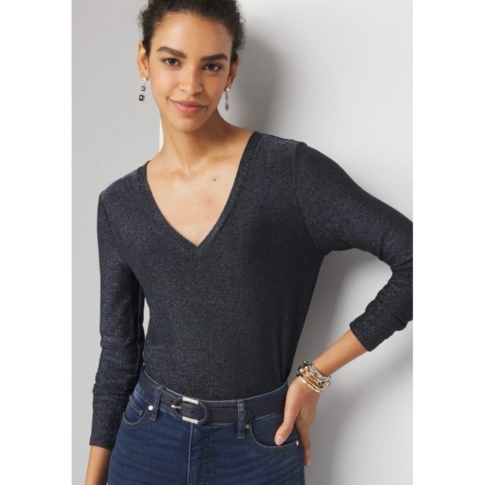 White House Black Market Metallic V-Neck Long Sleeve Top Charcoal Grey Sparkle S - Picture 2 of 8